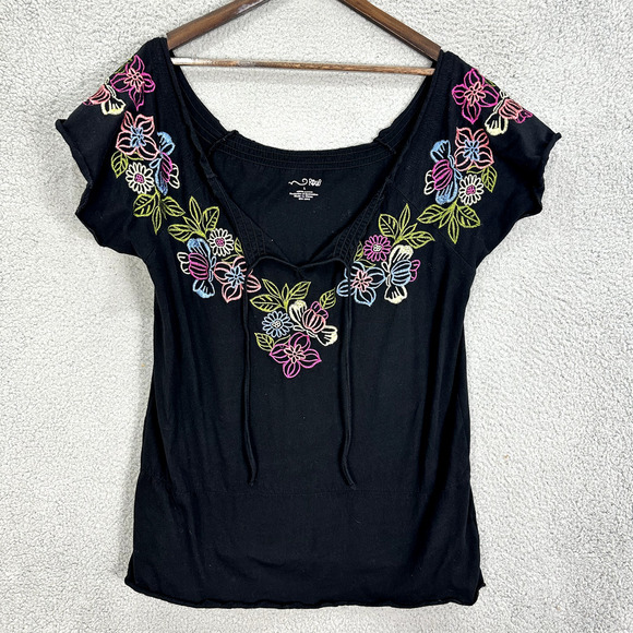 RXB Off The Shoulder Top Womens Large Black Floral Embroidered Tassel Boho Fairy - Picture 1 of 6